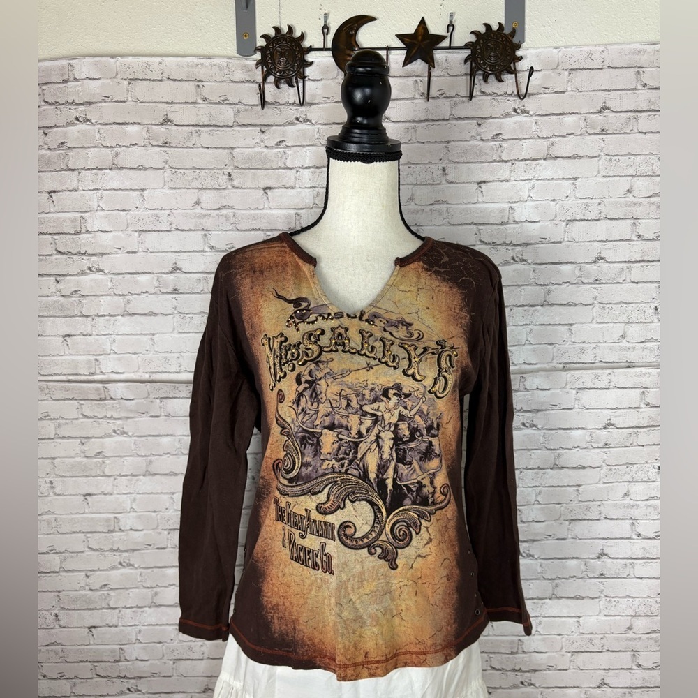 Vintage Susie Couture Brown Western Cowgirl Horse Grommet Long Sleeve Tee